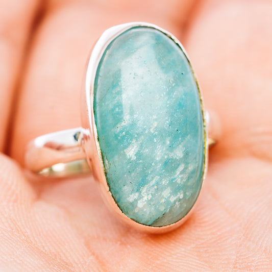 Oval amazonite cabochon sterling silver ring, size 7, side view