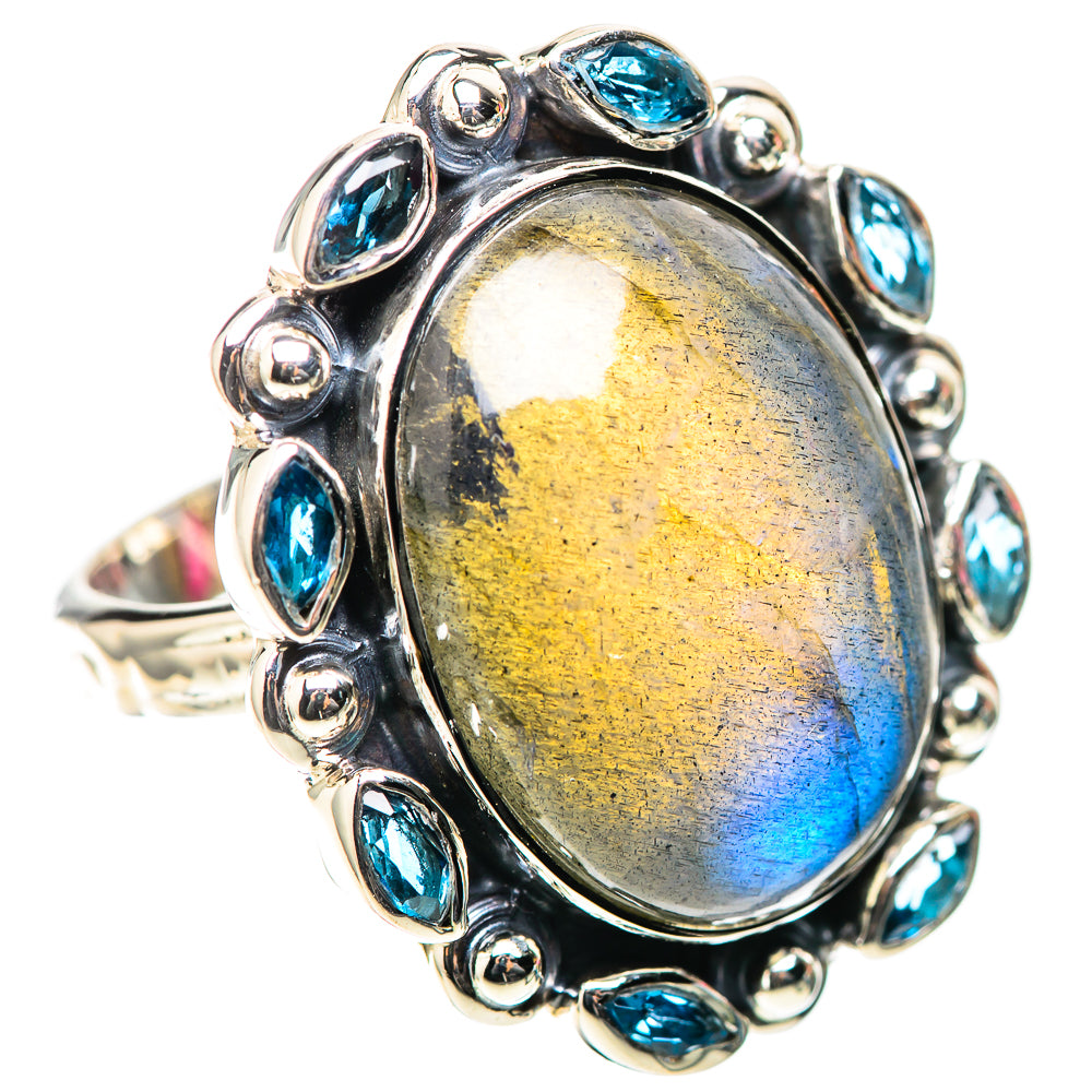 925 sterling silver labradorite oval ring with blue topaz stones around