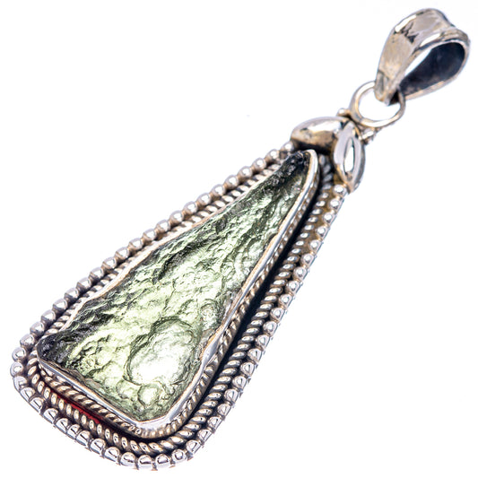 Sterling silver moldavite pendant with green teardrop stone, beaded edge and loop bail