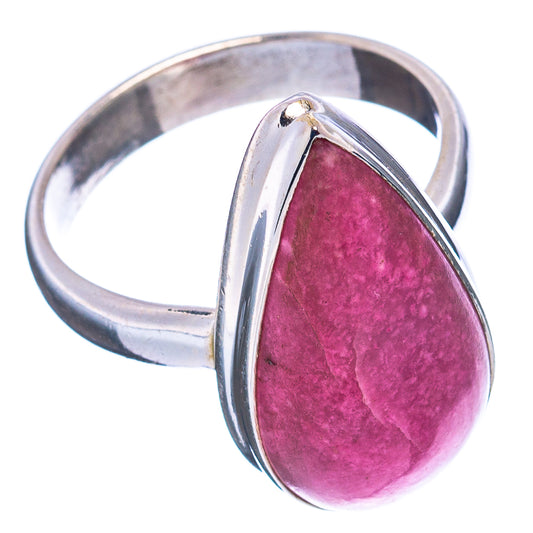Teardrop thulite ring, magenta textured stone set in polished sterling silver bezel