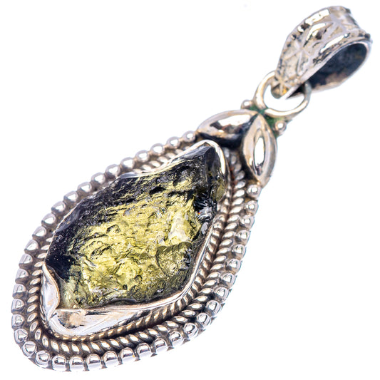 Moldavite teardrop pendant, sterling silver frame with bead edging and loop bail, yellow-green