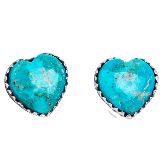 Turquoise heart stud earrings in .925 sterling silver, pair view with turquoise centers