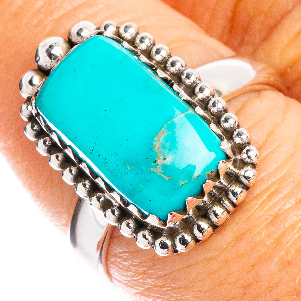 Sterling silver turquoise oval cabochon ring with beaded bezel, size 7.5