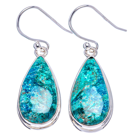 Pair of chrysocolla teardrop earrings in .925 sterling silver, green-blue cabochon