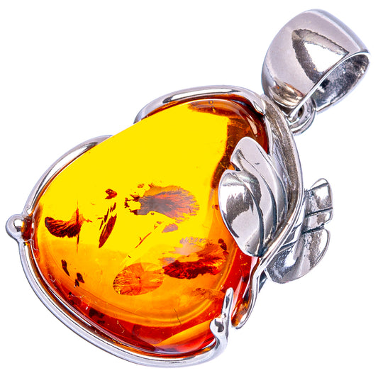 Oval amber pendant with bright yellow-orange stone in .925 sterling silver