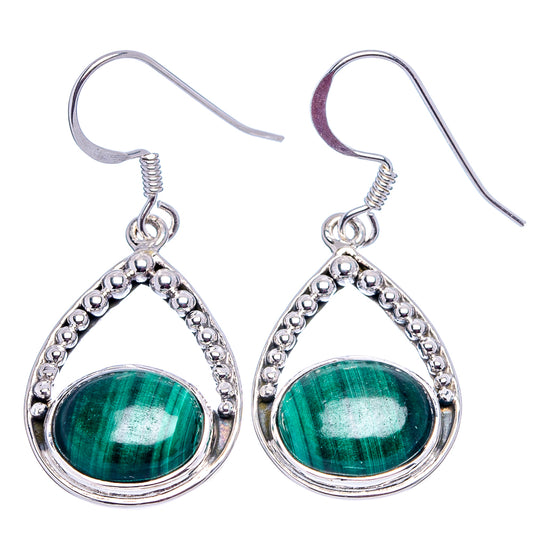 Pair of sterling silver teardrop malachite drop earrings with beaded frame and hooks