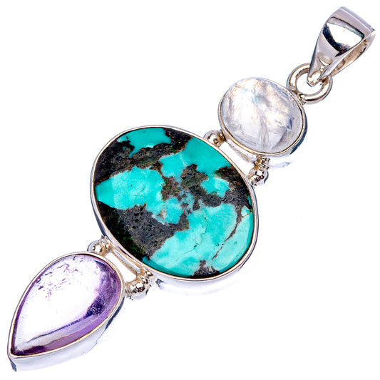 Oval turquoise gemstone pendant with two purple stones and silver bail clasp