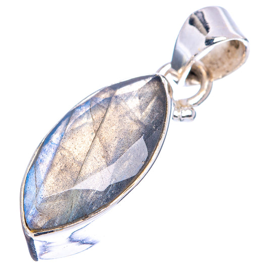 Faceted oval labradorite pendant, blue flash over dark stone, in sterling silver setting