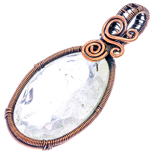 Oxidized copper wire-wrap pendant with white teardrop quartz and coil spirals