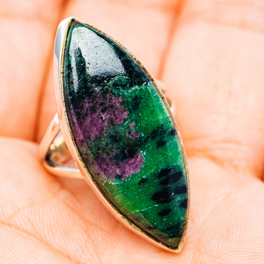Sterling silver gemstone ring with marquise cabochon, green and purple mottled stone