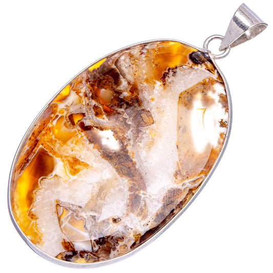 Silver-plated tube agate pendant, oval amber stone with white veining and silver bail