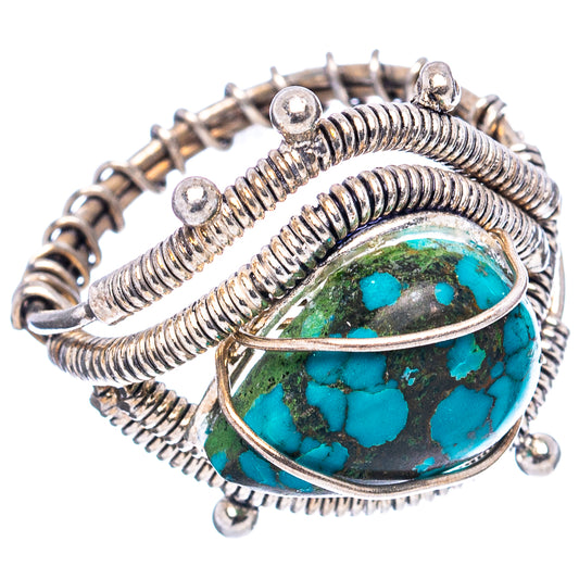 Turquoise cabochon sterling silver cuff-style ring with spiral wire details, size 6.25