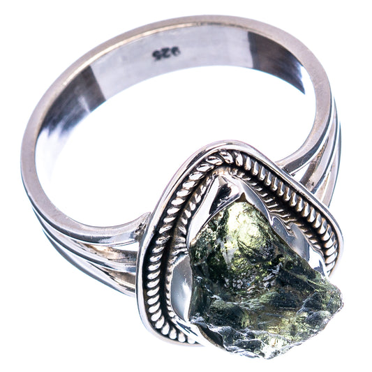 Sterling silver .925 moldavite ring with ornate edge band and dark green crystal stone