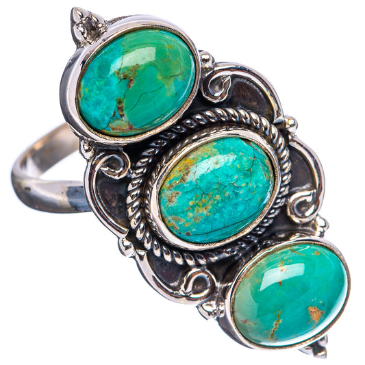 Turquoise cabochon ring with three oval stones in braided .925 silver bezel, angled