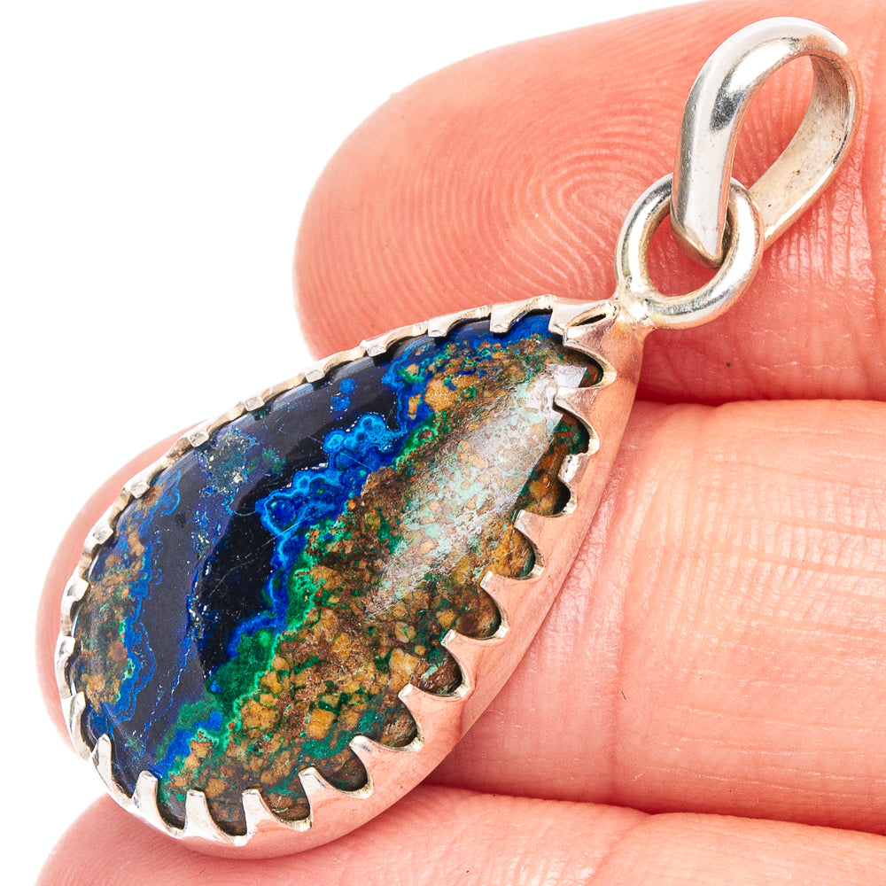 Sterling silver pendant with teardrop azurite-malachite stone and scalloped bezel