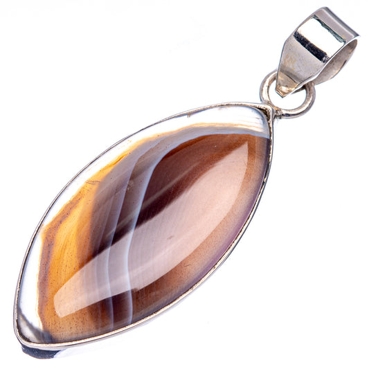 Sterling silver marquise pendant with banded Botswana agate cabochon in yellow, brown, cream.