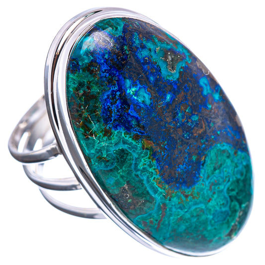 Oval azurite malachite gemstone sterling silver ring, size 11.5, angled side view