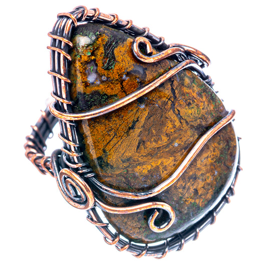 Oxidized copper wire wrap ring with large dark green and amber patterned agate stone