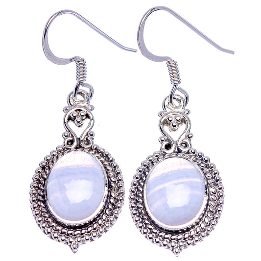 Sterling silver oval drop earrings with lavender lace agate cabochons and ornate hooks