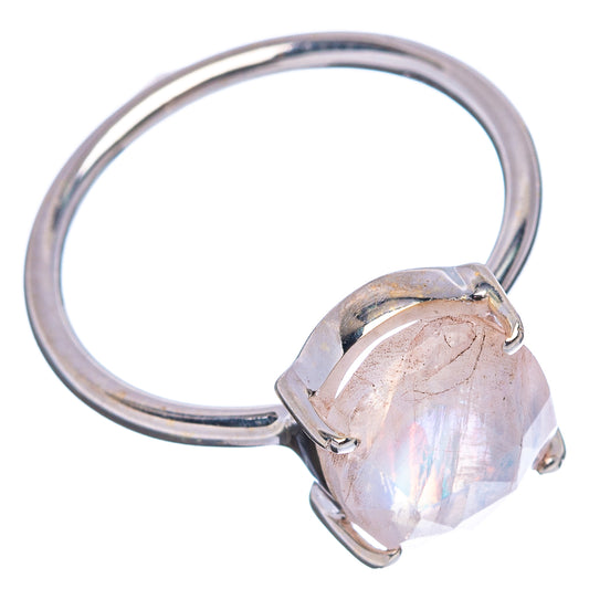 Sterling silver open shank ring with faceted pear-cut rainbow moonstone in four prongs