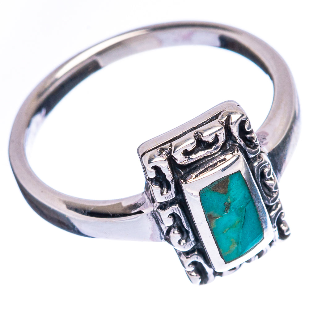 Turquoise stone sterling silver ring with openwork rectangular bezel, size 5.75