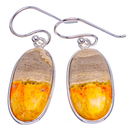 Sterling silver teardrop jasper dangle earrings with yellow-orange and gray stone pattern.