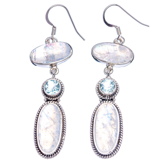Signature Rainbow Moonstone, Blue Topaz Earrings 2 1/2" (.925 Sterling Silver)