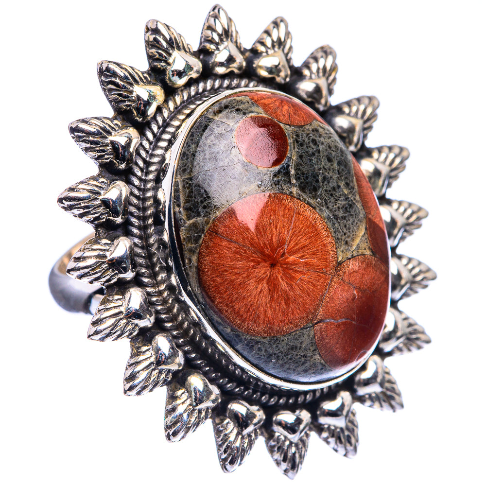 Large sterling silver size 7.5 ring with oval mushroom rhyolite stone and ornate prongs
