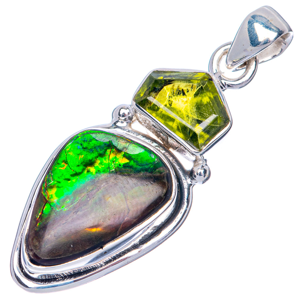 925 sterling silver ammolite pendant with oval iridescent stone and green top crystal