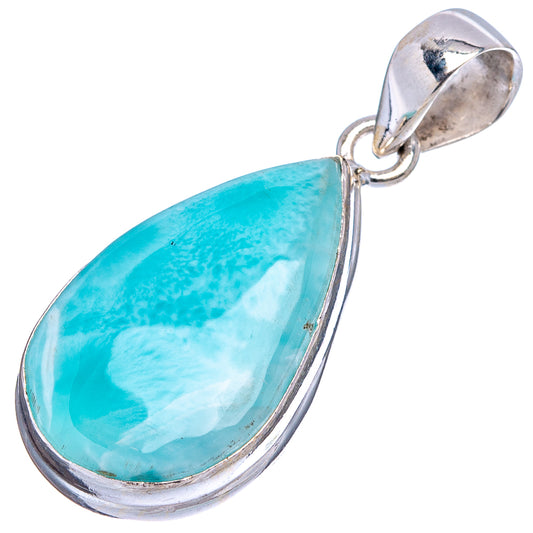Larimar teardrop cabochon pendant in .925 sterling silver frame, open bail and loop top