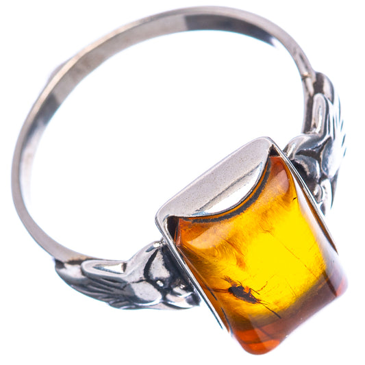Amber insect square stone ring with .925 sterling silver floral openwork band, size 8