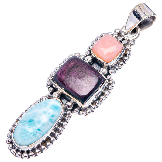 Sterling silver gemstone pendant with pink cushion, purple square, and blue oval stones