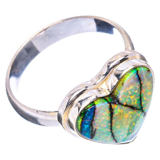 Sterling silver heart opal ring with multicolor blue-green-yellow gemstone on band