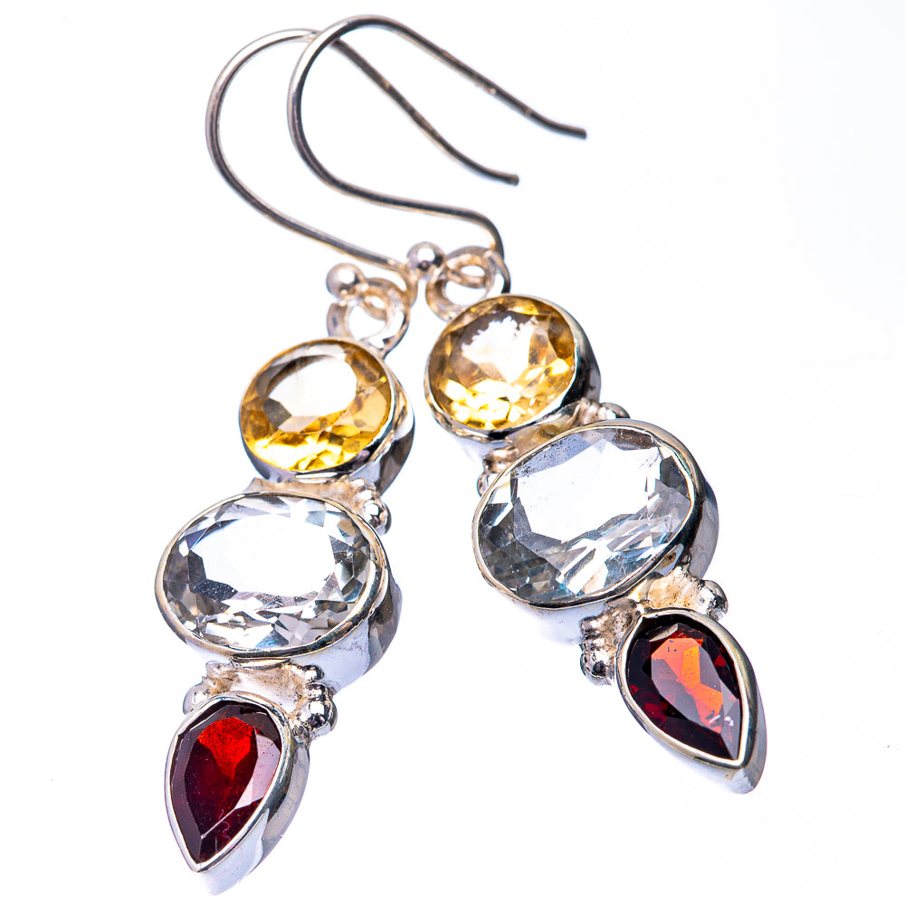 White Quartz, Citrine, Garnet Earrings 1 3/4" (925 Sterling Silver) E432314