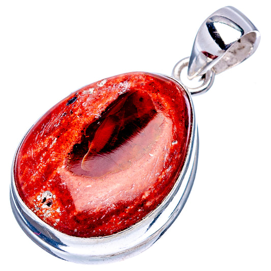 Sterling silver oval fire opal pendant, red gemstone with sparkly texture, polished bale