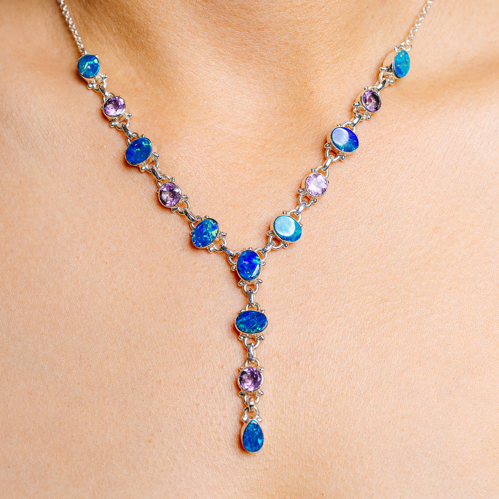 Doublet Opal, Amethyst Necklace 18 to 20" (.925 Sterling Silver)
