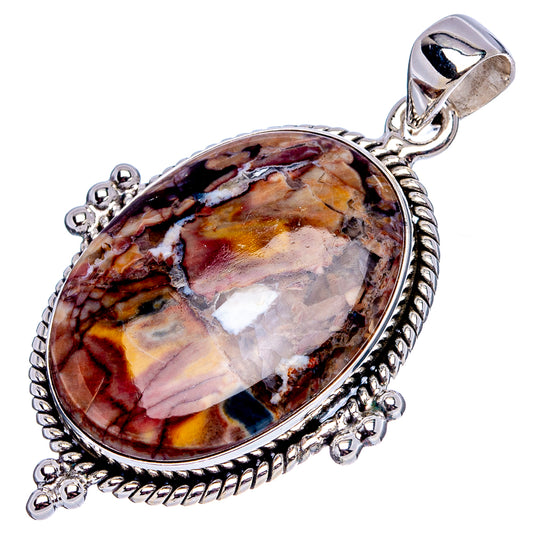 Sterling silver butterfly jasper oval pendant with textured rope-edge bezel and bail