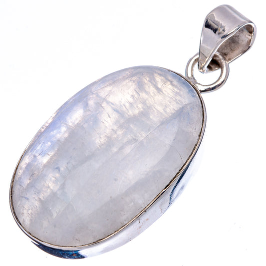 Oval rainbow moonstone pendant with sterling silver bezel and loop bail, polished finish.
