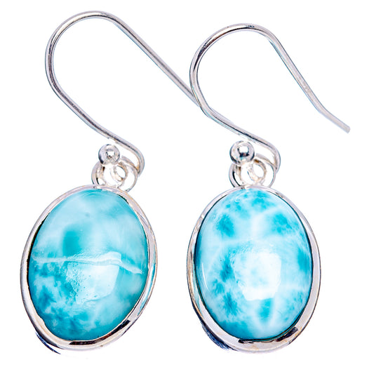 Sterling silver larimar oval drop earrings, blue gemstone dangle on fishhook style