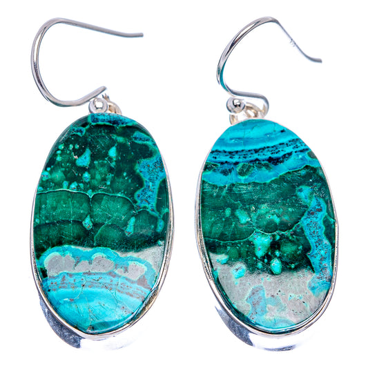Pair of chrysocolla and malachite oval drop earrings, blue-green stones with .925 silver hooks