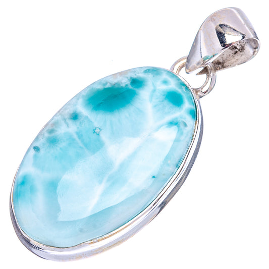 Larimar oval pendant .925 sterling silver with bright blue stone and oval frame bail