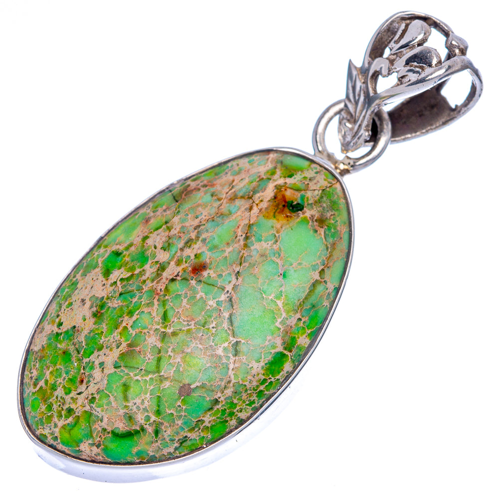Oval green variscite pendant with 925 sterling silver frame and top clasp
