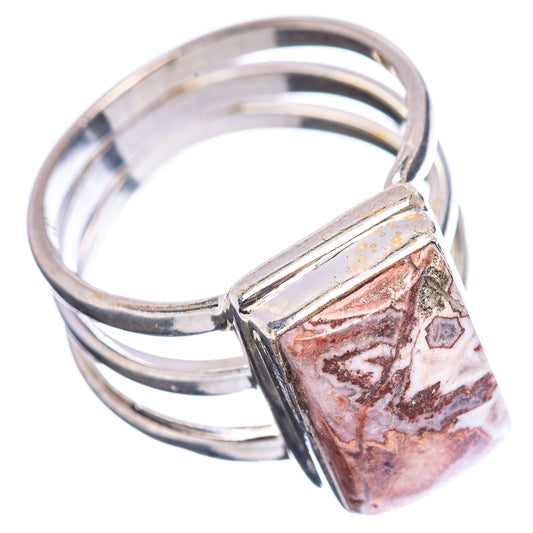 Sterling silver ring with rectangular rosetta jasper cabochon, marbled copper and white hues.