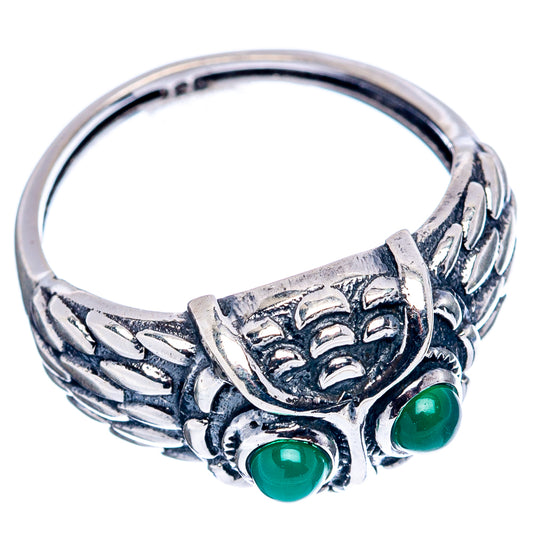 Sterling silver owl ring with green onyx, size 6, etched details