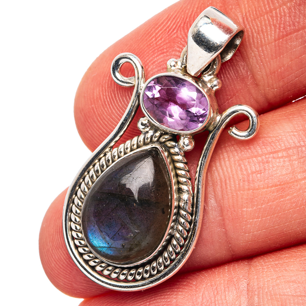 Labradorite, Amethyst Pendant 1 3/8" (.925 Sterling Silver)