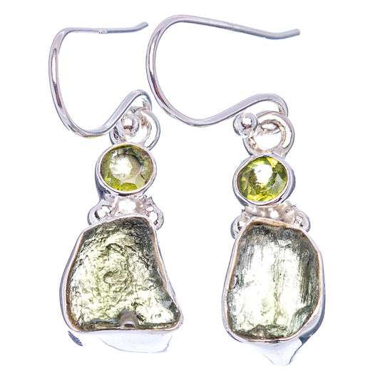 Sterling silver earrings with green round stone and irregular dark stone drops