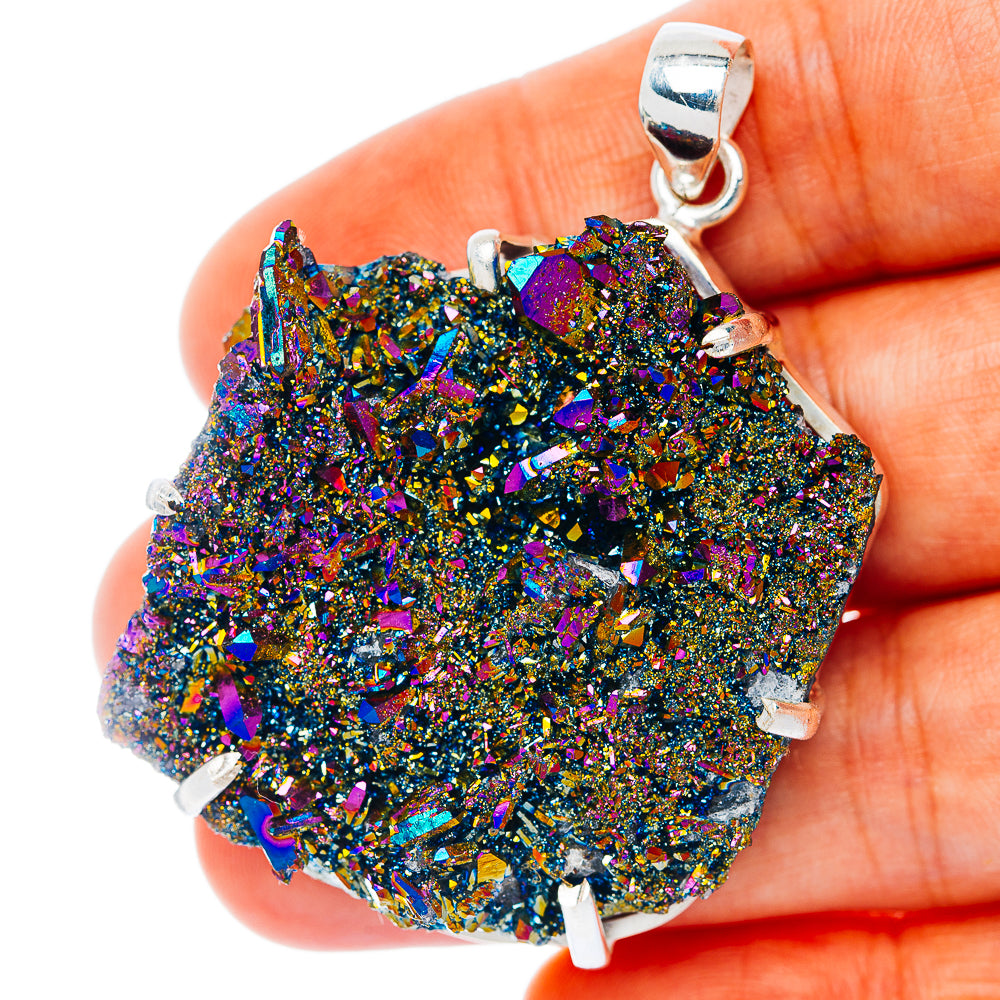 Iridescent aura quartz pendant with faceted druzy texture and sterling silver bail