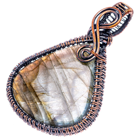 Labradorite wire-wrap pendant, teardrop stone in oxidized copper wire frame