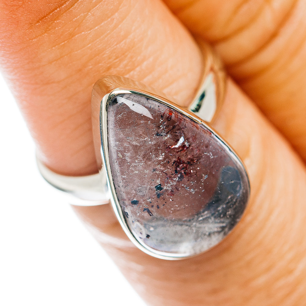 German silver lepidocrocite ring with teardrop dark cabochon and speckled stone, size 7