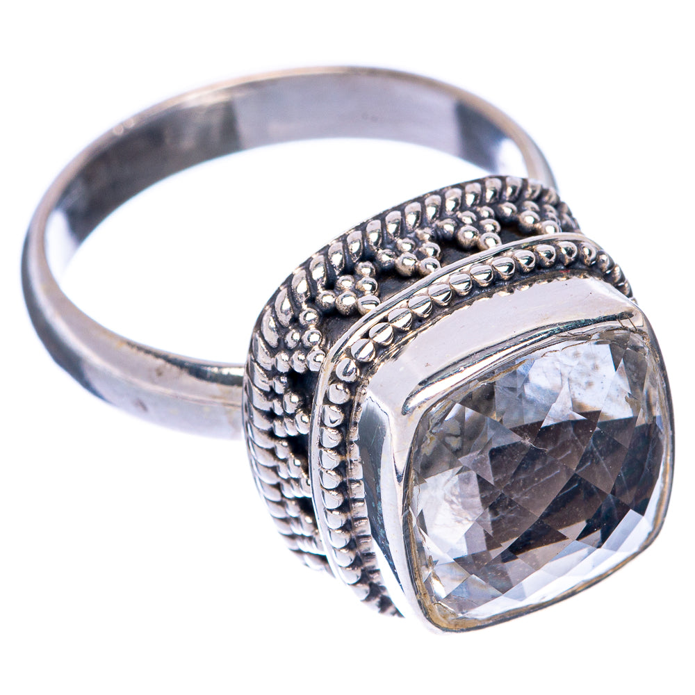 Sterling silver ring with large clear gemstone, side view of beaded shank
